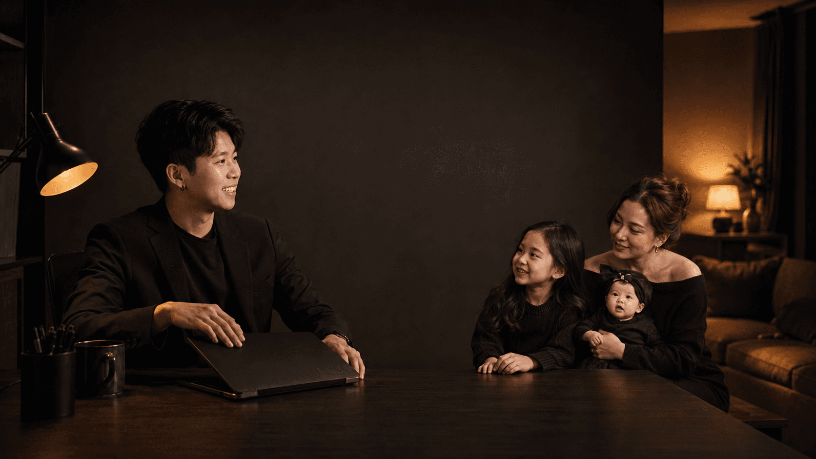 โค้ชกอล์ฟปิดคอมพิวเตอร์หลังวางแผนเสร็จและหันไปหาภรรยากับลูกสองคน